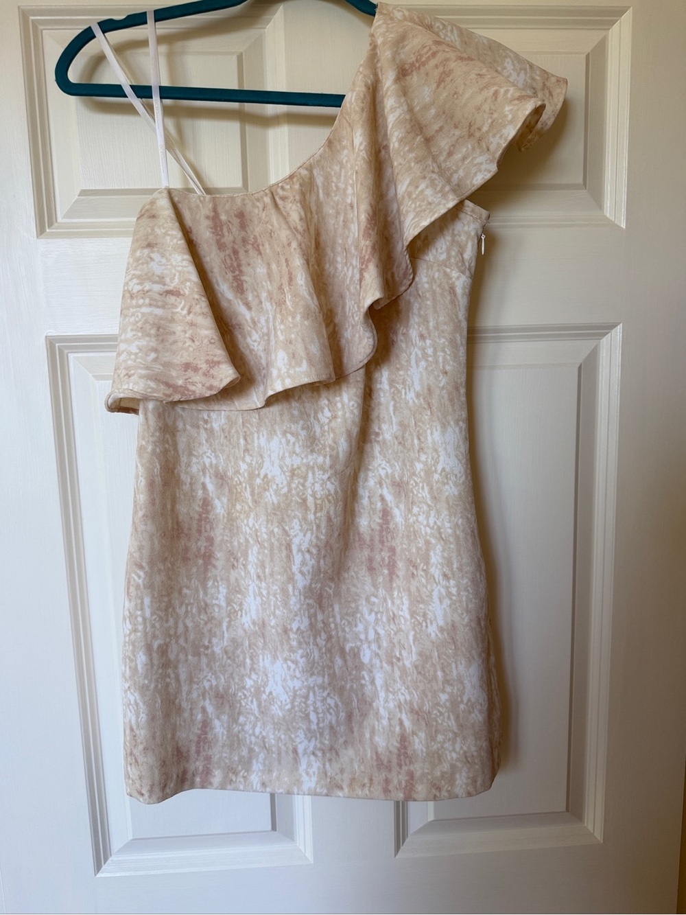BCBGeneration One-Shoulder Marble-Print Ruffle Dress in Beige
